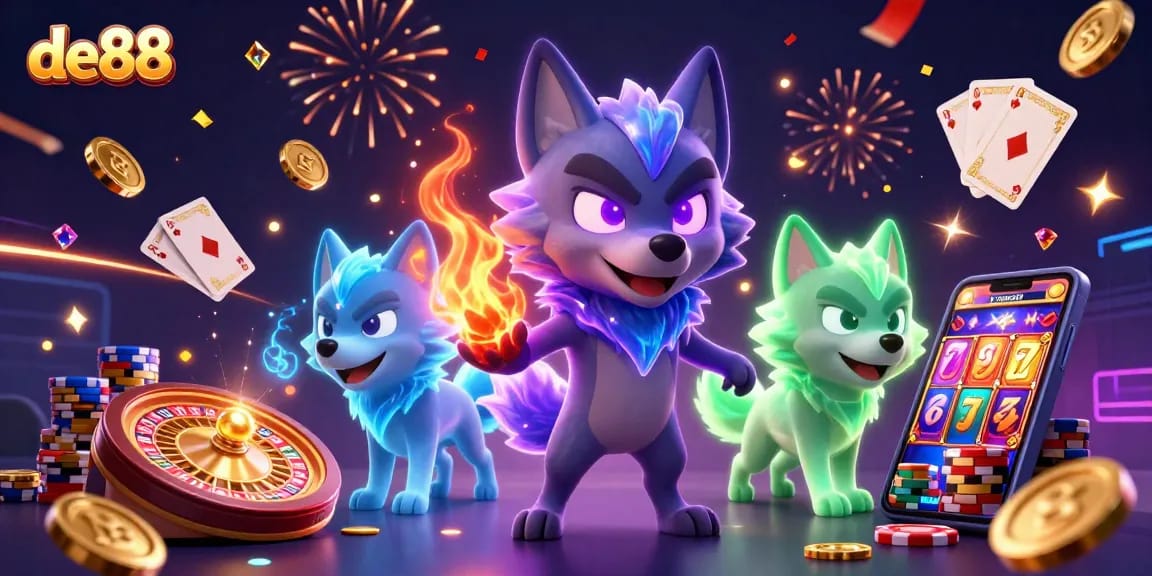 Experience the thrilling action of de88 with vibrant casino elements, shadow wolves, and dazzling gem stones.