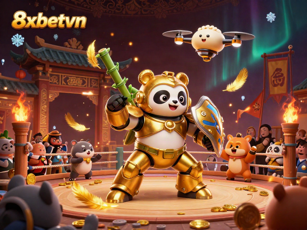 Experience thrilling battles in the vibrant arena of 8xbetvn where a golden panda pilot dominates with skill.