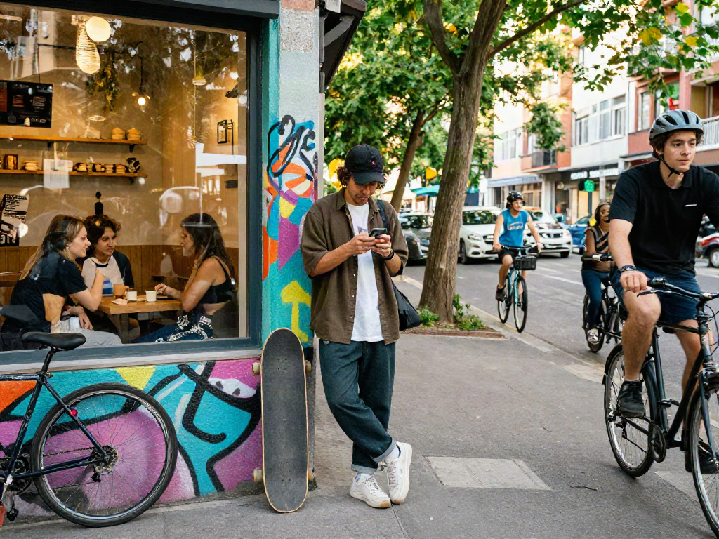 Rokok88 alternatif street lifestyle scene with person using smartphone and skateboard against vibrant graffiti wall.