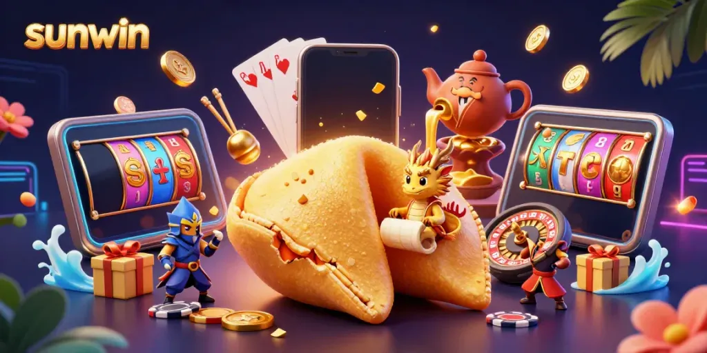 Engage with sunwin casino's vibrant gaming scene featuring a golden fortune cookie and dramatic 3D elements.