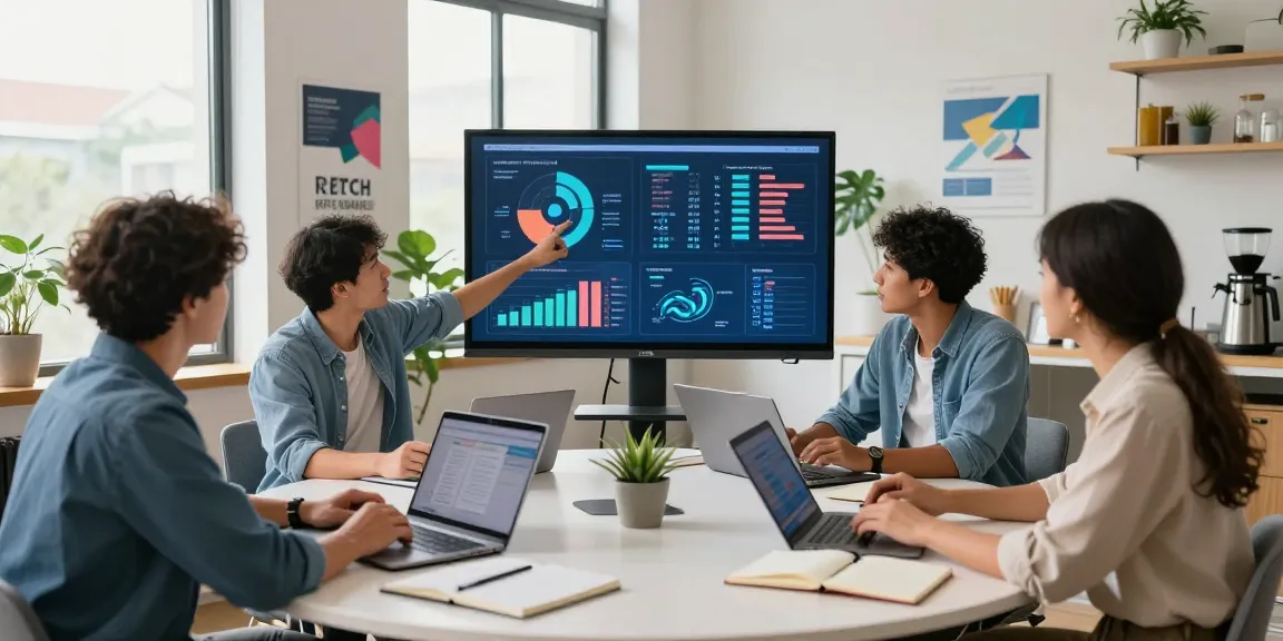 Team collaborating in a modern office workspace on the WPS Official Website project with vibrant data visuals.