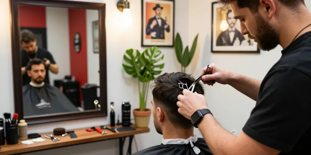 rokok88 barbershop scene featuring a barber cutting hair with stylish tools.