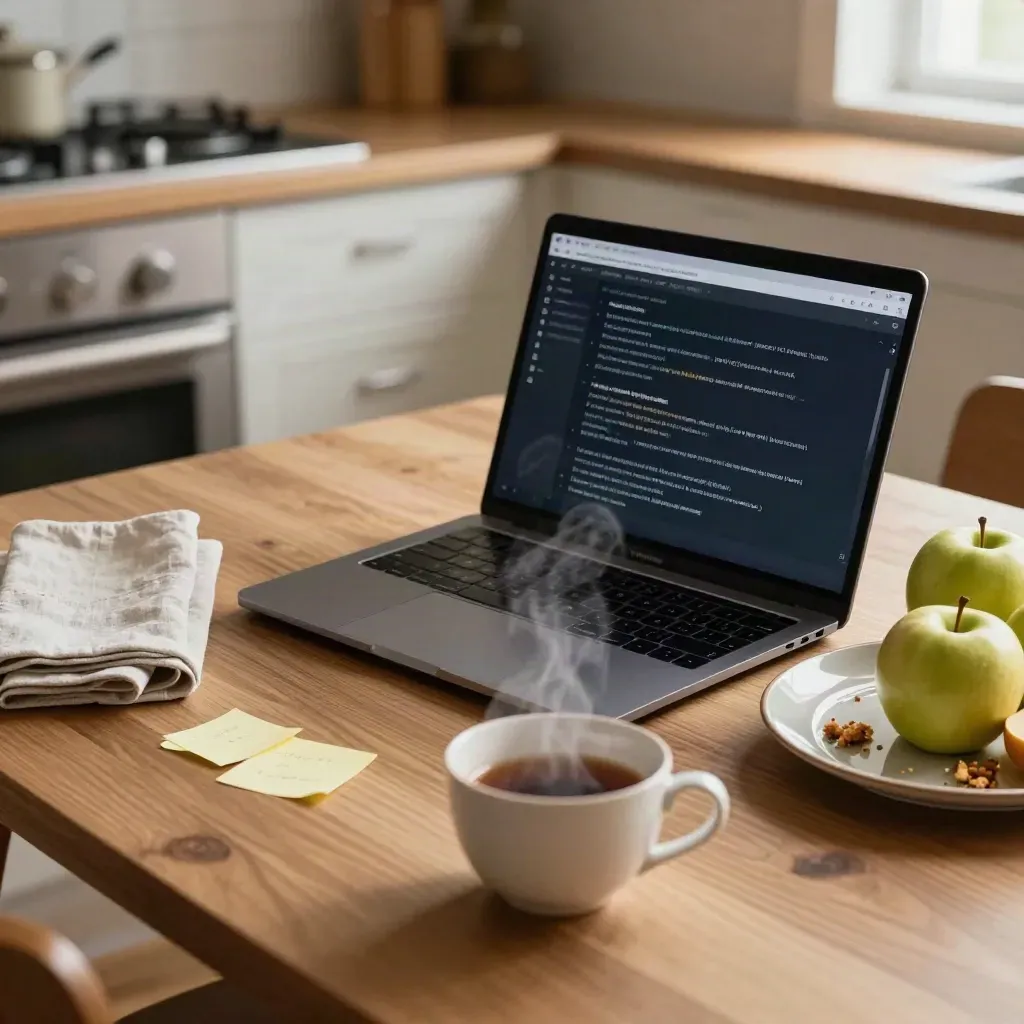 Kökbord med laptop, sticky notes, tekopp med ånga och en skål äpplen.