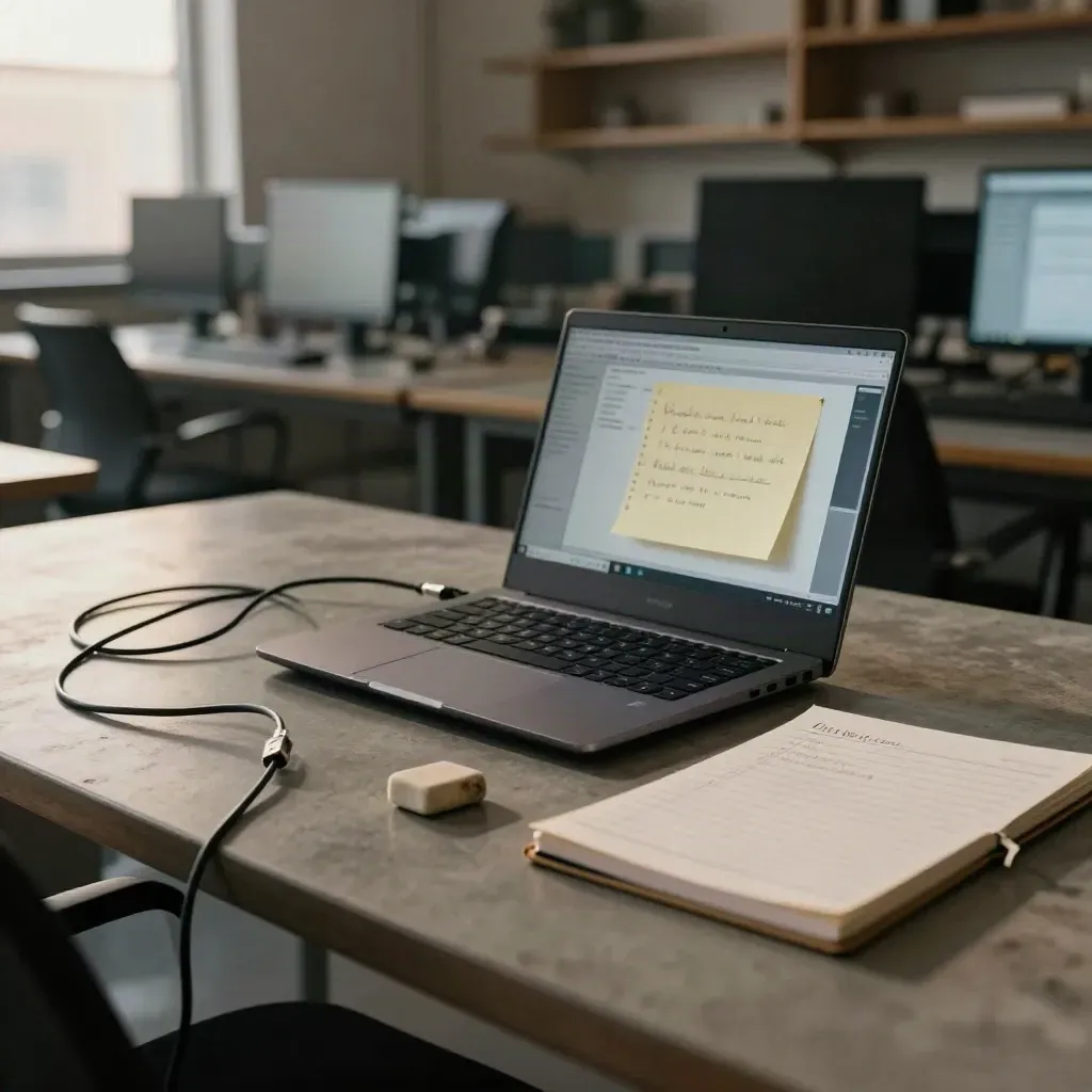 Mörk laptop, USB-kabel och checklista på ett kodbord i skymningsljus.