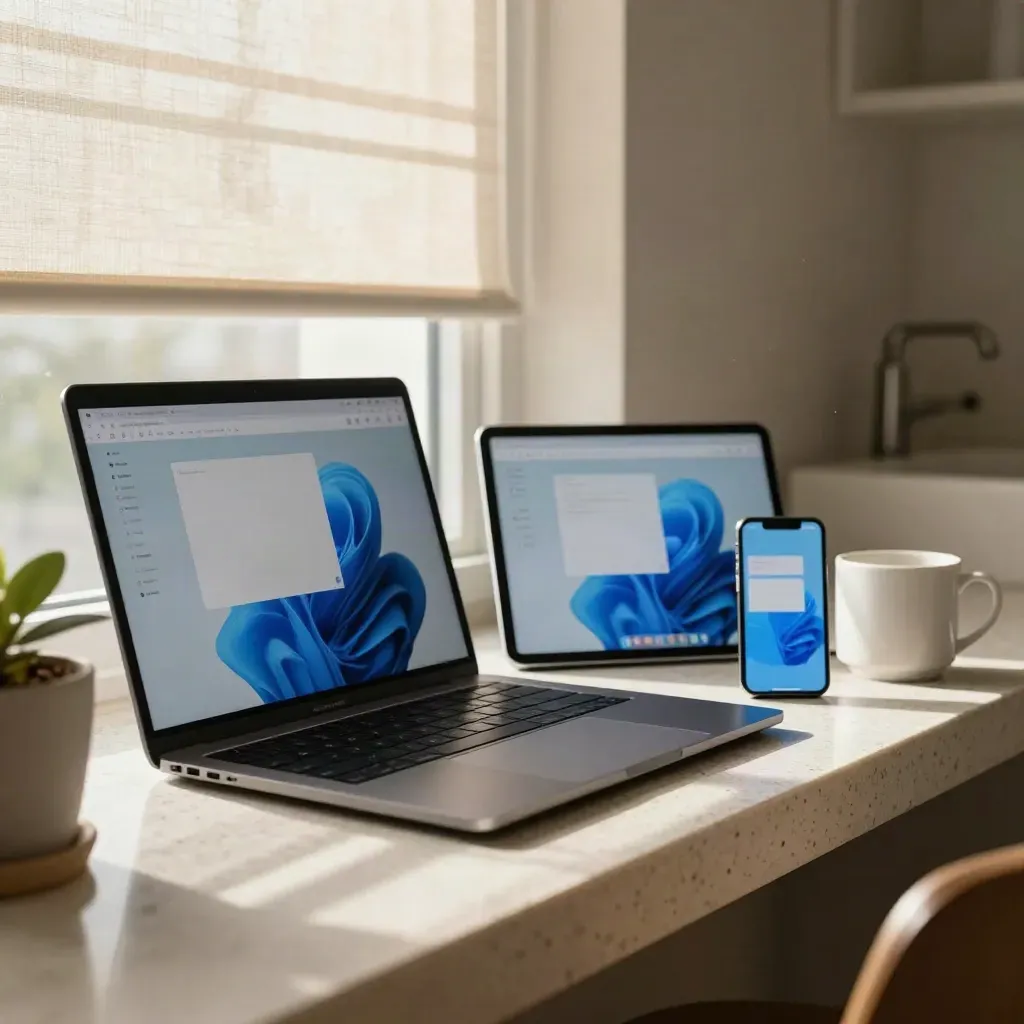 Laptop, surfplatta och mobil med enkel sidlayout på travertin i varmt kvällsljus.