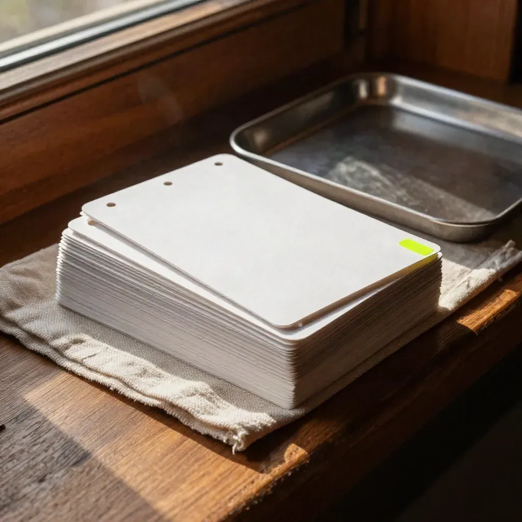 Lagda papperskort, perforerade kort och linne på en varm fönsterbräda i dämpat ljus.
