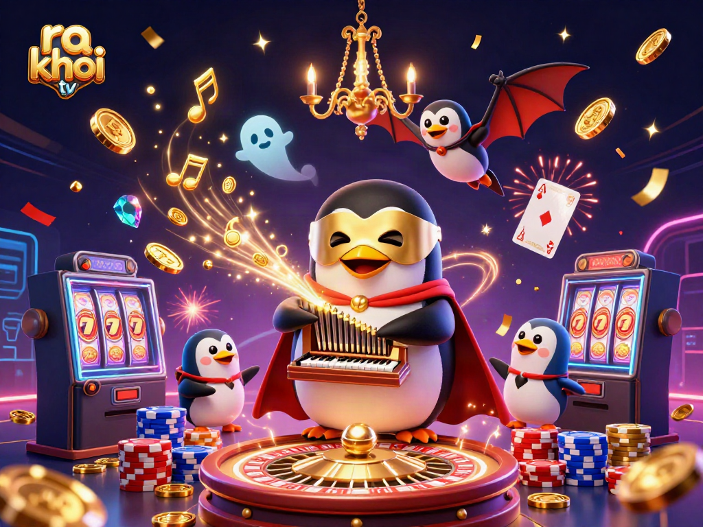 Engage with ra khơi tv as a phantom penguin entertains with golden coins from an organ and sports elements.