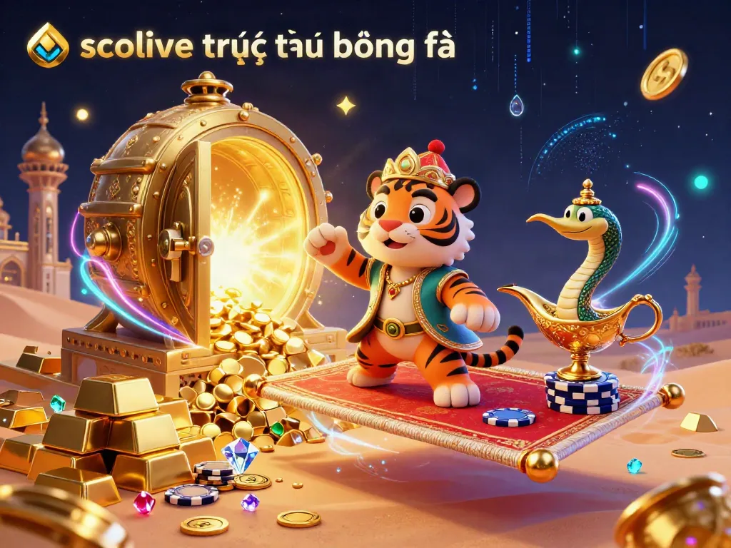 Socolive trực tiếp bóng đá engages users with a rich 3D scene depicting gambling elements and characters, vibrant and dynamic.