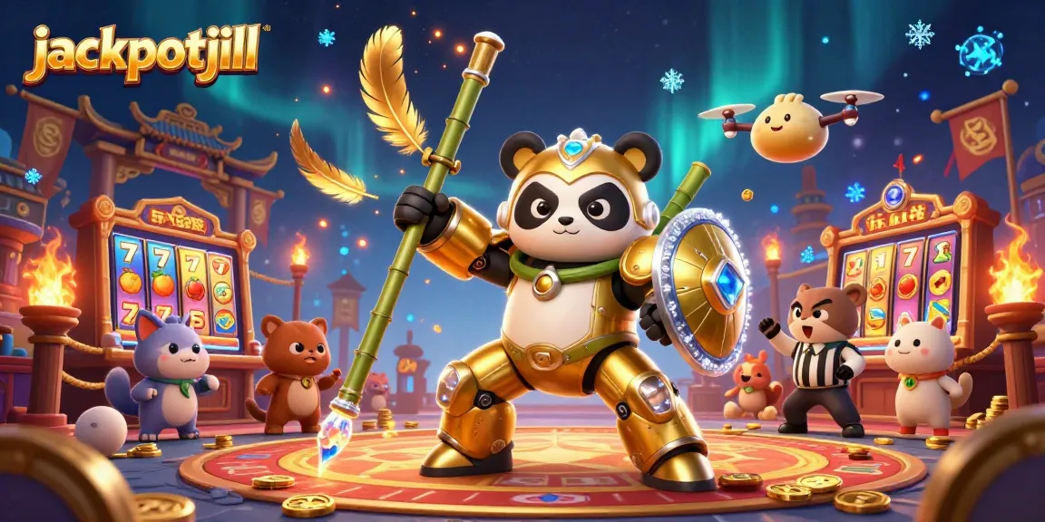 Engage in thrilling jackpotjill action in a vibrant casino realm with a fighting panda mech.
