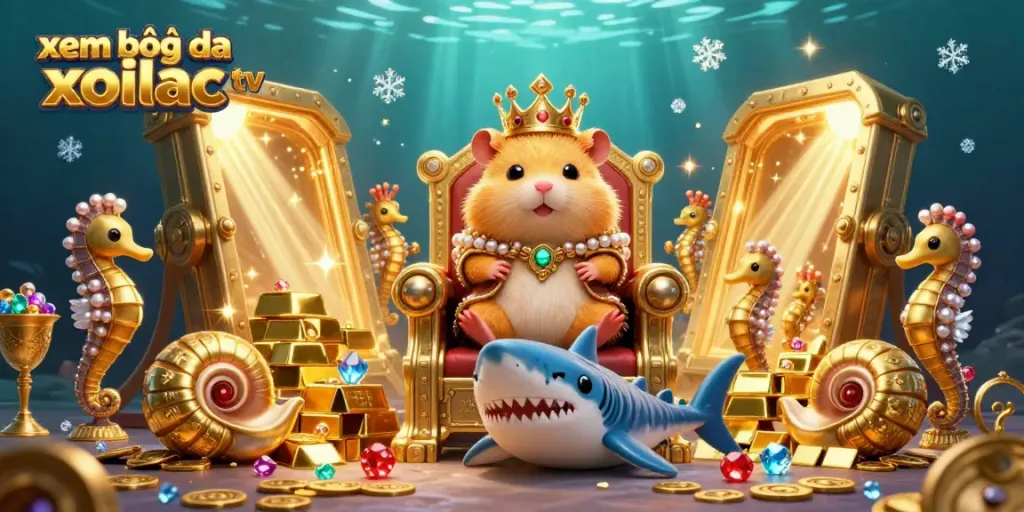 This vibrant illustration for xem bóng đá xoilac tv features a golden hamster king on a megalodon tooth throne surrounded by treasure, creating an exhilarating gambling atmosphere.