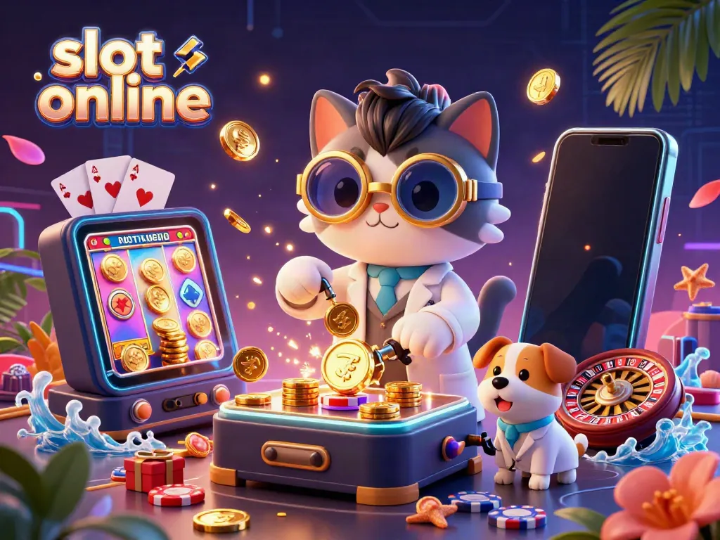 Spin and win big on slot online games with vibrant graphics and playful characters in this dynamic illustration.