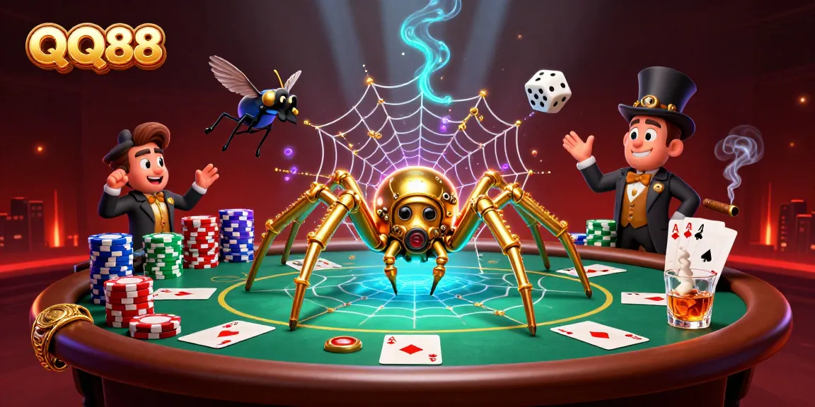 Engage with QQ88's vibrant casino scene featuring a steampunk spider, poker elements, and a Victorian fly gentleman.